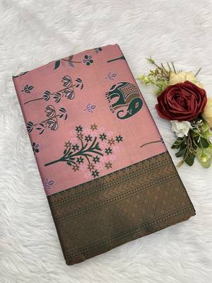 Pink Banarasi silk blend copper zari weaving woven elephent design saree with unstitched blouse 3