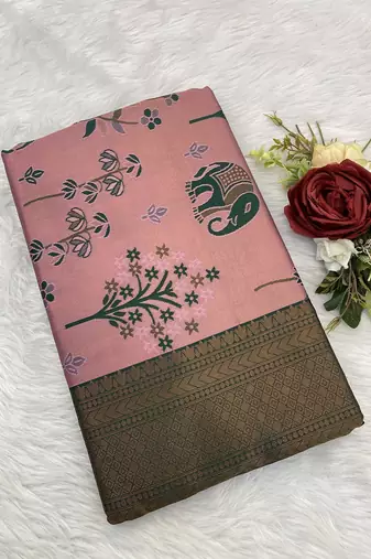 Pink Banarasi silk blend copper zari weaving woven elephent design saree with unstitched blouse