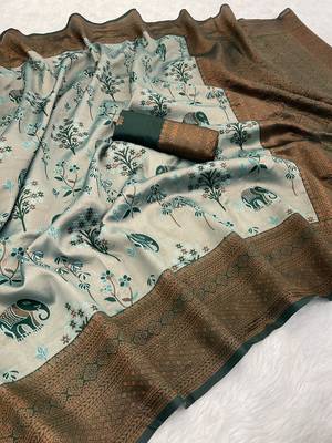 Seagreen Banarasi silk blend copper zari weaving woven elephent design saree with unstitched blouse 1