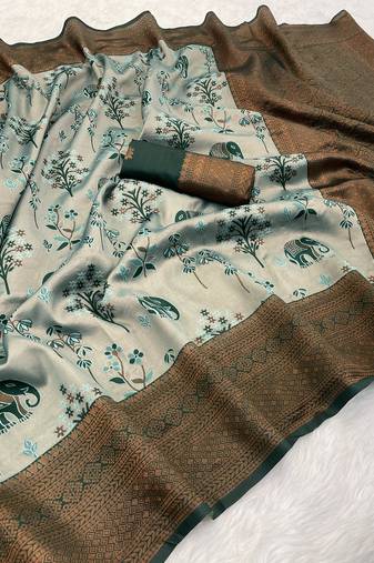 Seagreen Banarasi silk blend copper zari weaving woven elephent design saree with unstitched blouse