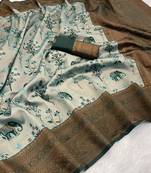 Seagreen Banarasi silk blend copper zari weaving woven elephent design saree with unstitched blouse