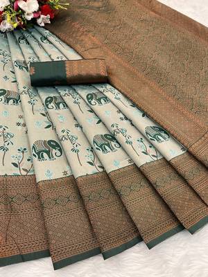 Seagreen Banarasi silk blend copper zari weaving woven elephent design saree with unstitched blouse 3