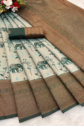 Seagreen Banarasi silk blend copper zari weaving woven elephent design saree with unstitched blouse
