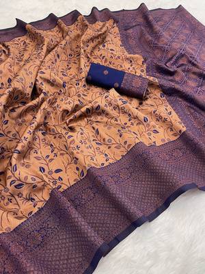 Peach Banarasi silk blend copper zari weaving woven leaf design saree with unstitched blouse 1