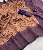 Peach Banarasi silk blend copper zari weaving woven leaf design saree with unstitched blouse