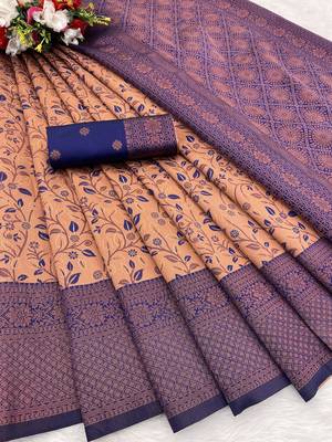 Peach Banarasi silk blend copper zari weaving woven leaf design saree with unstitched blouse 2