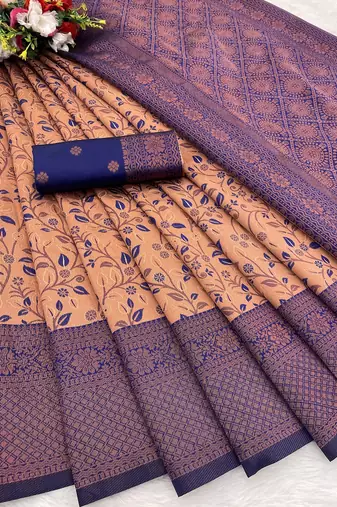Peach Banarasi silk blend copper zari weaving woven leaf design saree with unstitched blouse