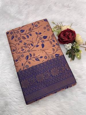 Peach Banarasi silk blend copper zari weaving woven leaf design saree with unstitched blouse 3