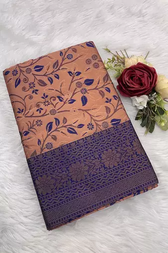 Peach Banarasi silk blend copper zari weaving woven leaf design saree with unstitched blouse
