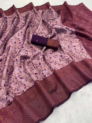Pink Banarasi silk blend copper zari weaving woven leaf design saree with unstitched blouse 1