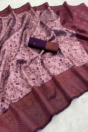 Pink Banarasi silk blend copper zari weaving woven leaf design saree with unstitched blouse