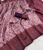 Pink Banarasi silk blend copper zari weaving woven leaf design saree with unstitched blouse