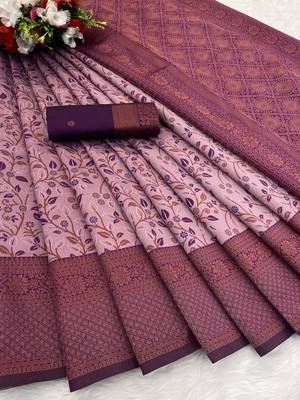 Pink Banarasi silk blend copper zari weaving woven leaf design saree with unstitched blouse 2