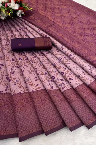 Pink Banarasi silk blend copper zari weaving woven leaf design saree with unstitched blouse
