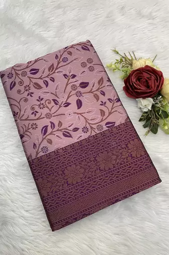 Pink Banarasi silk blend copper zari weaving woven leaf design saree with unstitched blouse