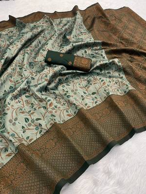 Seagreen Banarasi silk blend copper zari weaving woven leaf design saree with unstitched blouse 1