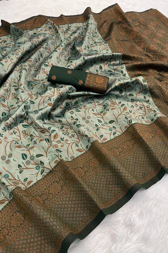 Seagreen Banarasi silk blend copper zari weaving woven leaf design saree with unstitched blouse