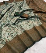 Seagreen Banarasi silk blend copper zari weaving woven leaf design saree with unstitched blouse