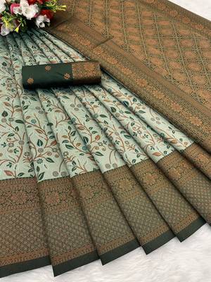 Seagreen Banarasi silk blend copper zari weaving woven leaf design saree with unstitched blouse 2