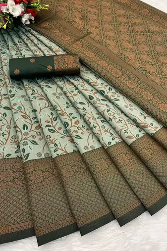 Seagreen Banarasi silk blend copper zari weaving woven leaf design saree with unstitched blouse