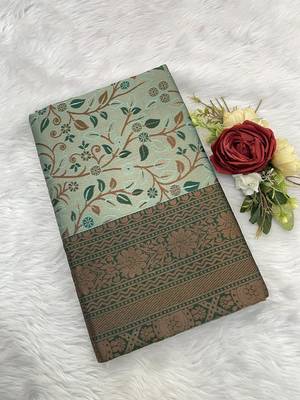 Seagreen Banarasi silk blend copper zari weaving woven leaf design saree with unstitched blouse 3