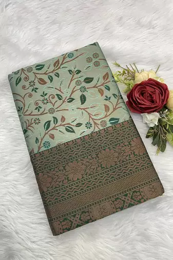Seagreen Banarasi silk blend copper zari weaving woven leaf design saree with unstitched blouse