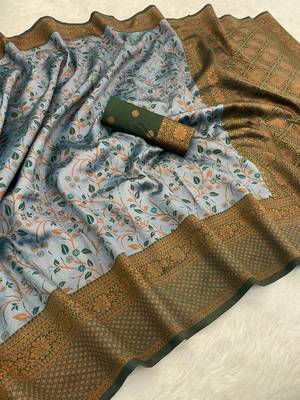Skyblue Banarasi silk blend copper zari weaving woven leaf design saree with unstitched blouse 1