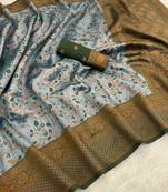 Skyblue Banarasi silk blend copper zari weaving woven leaf design saree with unstitched blouse