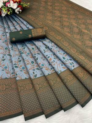 Skyblue Banarasi silk blend copper zari weaving woven leaf design saree with unstitched blouse 2