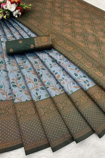 Skyblue Banarasi silk blend copper zari weaving woven leaf design saree with unstitched blouse