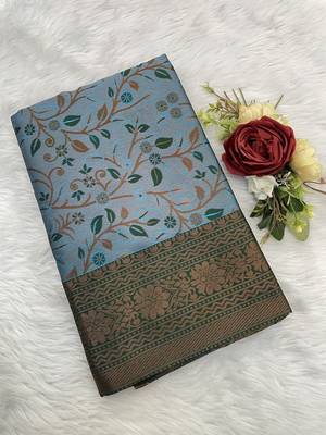 Skyblue Banarasi silk blend copper zari weaving woven leaf design saree with unstitched blouse 3