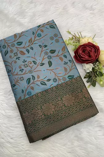 Skyblue Banarasi silk blend copper zari weaving woven leaf design saree with unstitched blouse