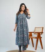 Steel blue cotton block printed kurta set