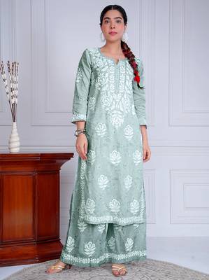 Green hand embroided mulmul cotton chikankari kurti palazzo set 1