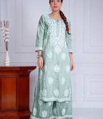 Green hand embroided mulmul cotton chikankari kurti palazzo set