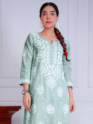 Green hand embroided mulmul cotton chikankari kurti palazzo set 2