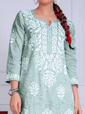 Green hand embroided mulmul cotton chikankari kurti palazzo set 3