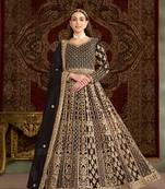 Black embroidered net semi stitched anarkali suit
