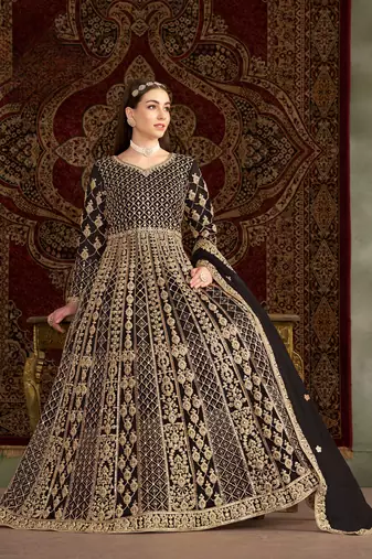 Black embroidered net anarkali suit