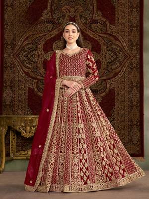 Maroon embroidered net anarkali suit 1