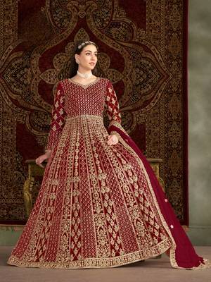 Maroon embroidered net anarkali suit 2