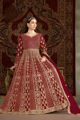 Maroon embroidered net anarkali suit