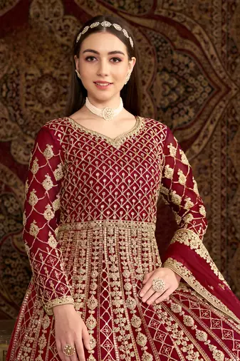 Maroon embroidered net anarkali suit