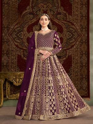 Purple embroidered net anarkali suit 1