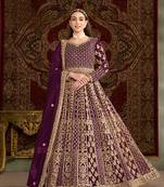 Purple embroidered net semi stitched anarkali suit