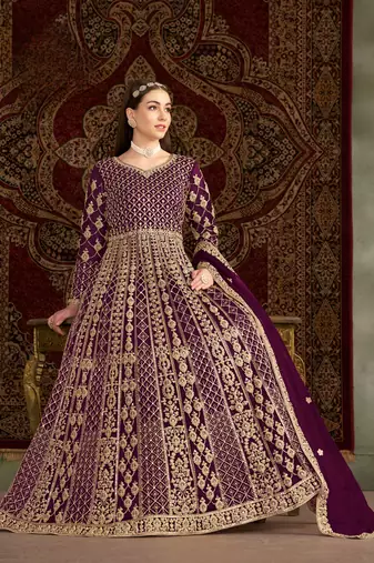 Purple embroidered net anarkali suit