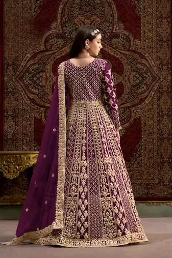 Purple embroidered net anarkali suit