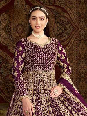 Purple embroidered net anarkali suit 4