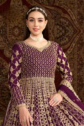 Purple embroidered net anarkali suit