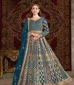Teal embroidered net anarkali suit